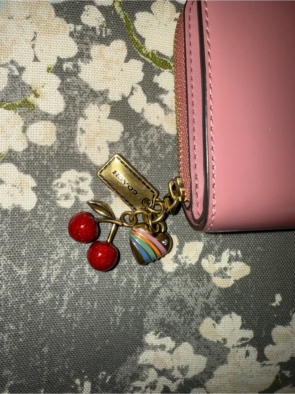 Coach Pink Zip Card Wallet with Cherry and Heart Charms